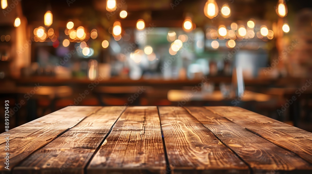 A wooden table with a blurred background of a bar with lights. A wooden table with a blurred background of a bar with lights.
