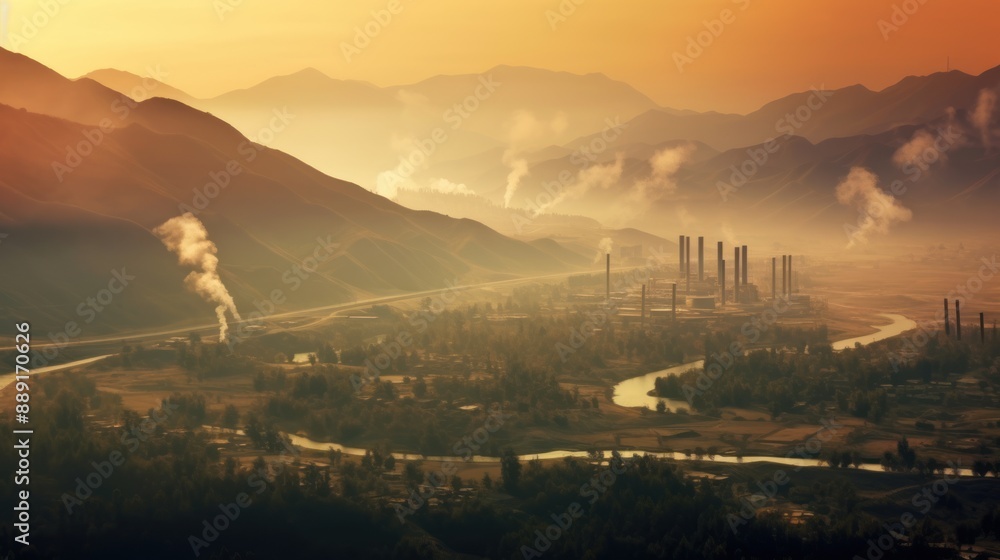 Fototapeta premium Industrial Sunset Over Mountains and River