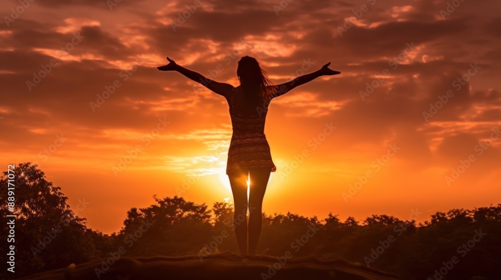 Woman Silhouetted Against a Dramatic Sunset Woman Silhouetted Against a Dramatic Sunset