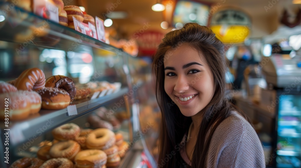 Cropped shot of smiling woman posing at donut shop looking at camera Cropped shot of smiling woman posing at donut shop looking at camera