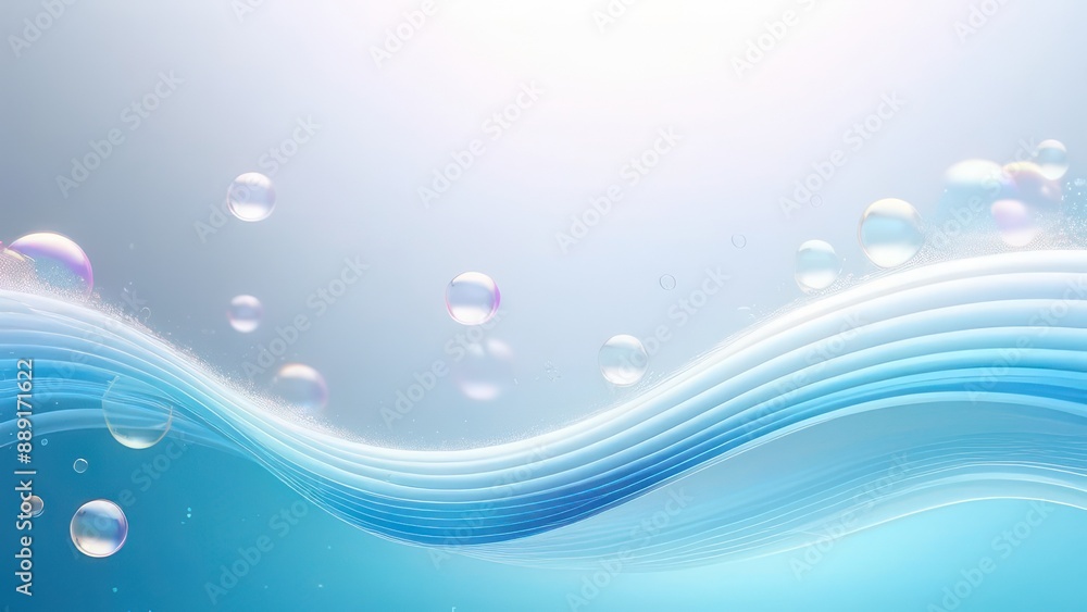 Abstract flowing waves with soap bubbles on white background with beautiful bokeh and with copy space