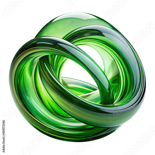 Abstract twisted green glass shape isolated on white transparent background, png element