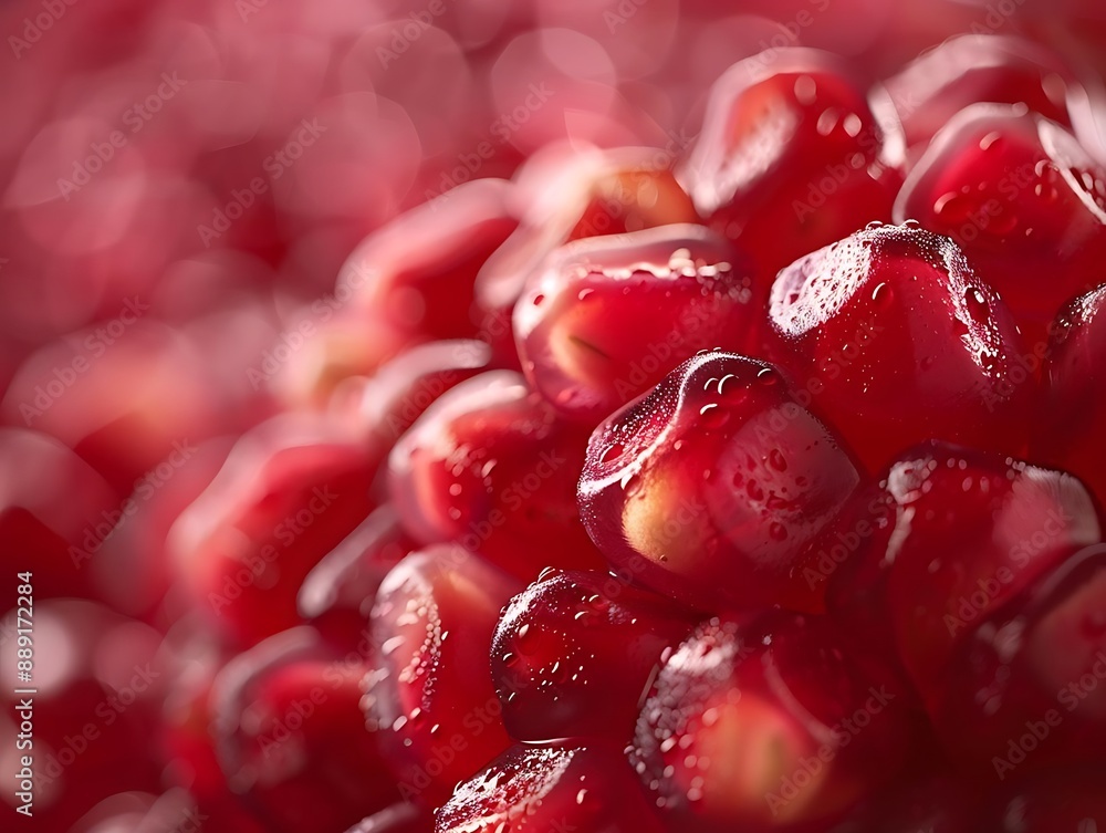 Close-Up Macro Photography of Shiny Red Pomegranate Seeds with Water Droplets Close-Up Macro Photography of Shiny Red Pomegranate Seeds with Water Droplets