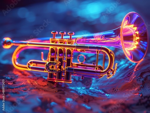 Trumpet glowing with vibrant blue and red lights photo