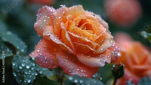 A beautiful orange rose with dew drops on it