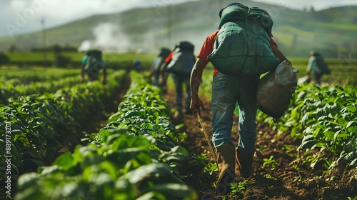 Migrant workers in a field with harsh working conditions, highlighting their exploitation © fivan