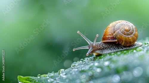 A snail with its ornate shell perched on the edge of a green leaf, with raindrops dotting the leaf and a blurred background creating a tranquil ambiance. photo