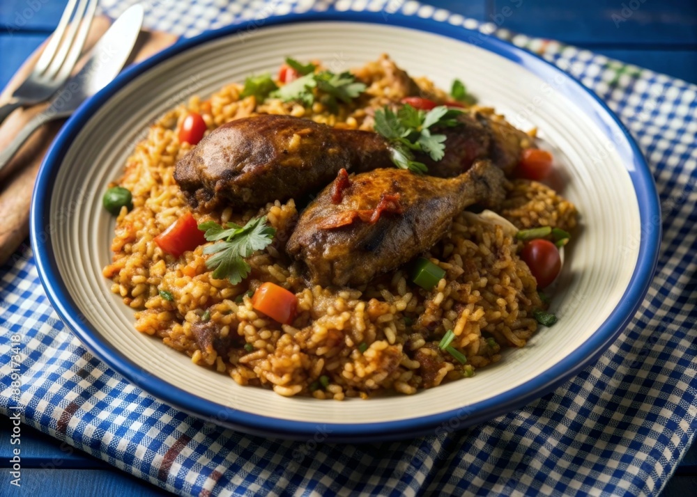 Ghanaian Jollof Rice Spiced tomato rice cooked with chicken and vegetables. Ghanaian Jollof Rice Spiced tomato rice cooked with chicken and vegetables.