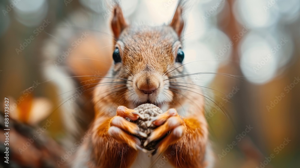 A close-up shot of an adorable squirrel holding a nut in its tiny paws, with wide, curious eyes that capture the golden light of the forest background. A close-up shot of an adorable squirrel holding a nut in its tiny paws, with wide, curious eyes that capture the golden light of the forest background.