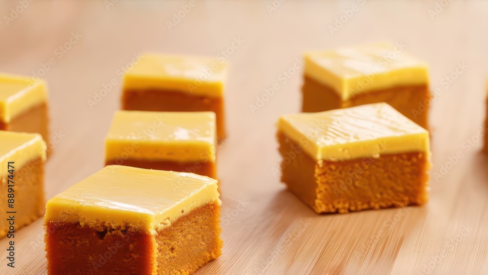 Little pieces of delicious homemade cakes laid out on the table, top view, light background Little pieces of delicious homemade cakes laid out on the table, top view, light background
