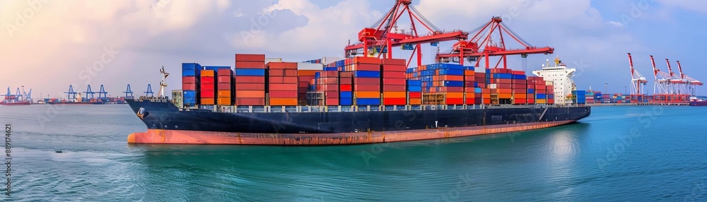 Fototapeta premium Cargo ship unloading at port with cranes and containers, global delivery, international trade and shipping industry