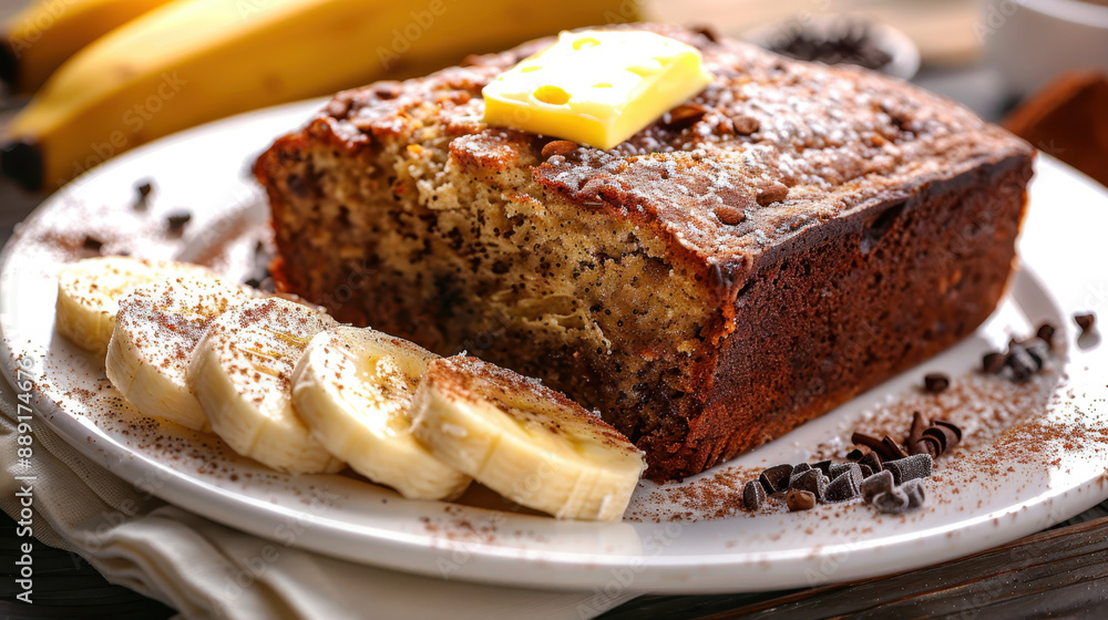 Freshly baked banana bread with butter and sliced bananas on white plate Freshly baked banana bread with butter and sliced bananas on white plate