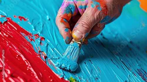 The image shows a hand energetically applying vibrant colors of paint with a small brush on canvas, representing creativity, artistic expression, and dynamism. photo