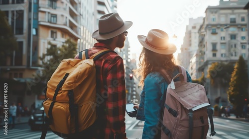 A couple with backpacks on, walk down a city street at sunset.