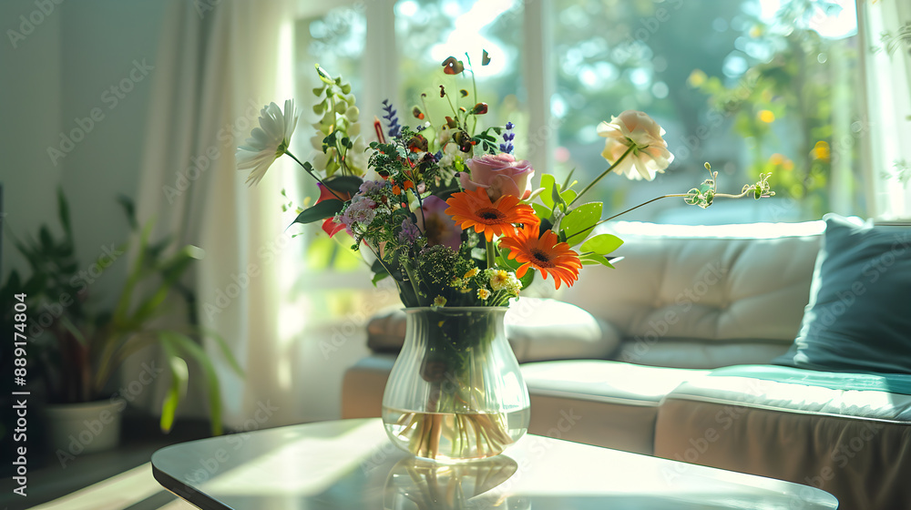 A vase of fresh flowers in the living room by an open window. The view outside the window sees a beautiful garden. A vase of fresh flowers in the living room by an open window. The view outside the window sees a beautiful garden.