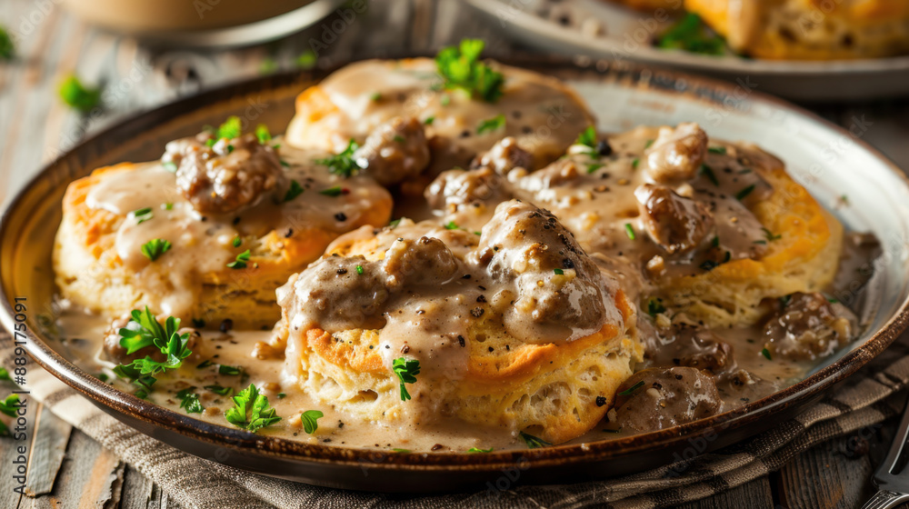 Homemade biscuits with sausage gravy garnished with fresh parsley on a rustic ceramic plate Homemade biscuits with sausage gravy garnished with fresh parsley on a rustic ceramic plate