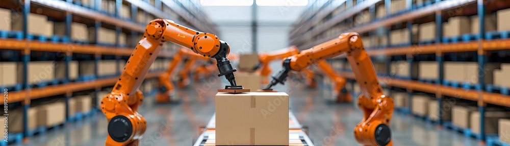 Modern warehouse with automated robotic arms sorting cargo packages, procurement and logistics technology, futuristic supply chain management Modern warehouse with automated robotic arms sorting cargo packages, procurement and logistics technology, futuristic supply chain management
