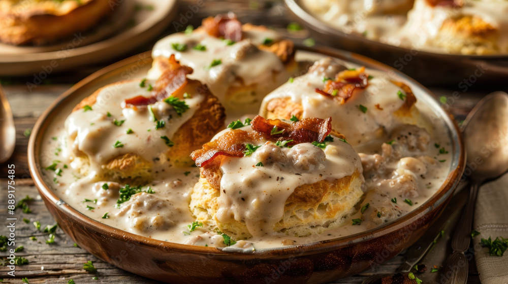 Homemade biscuits with sausage gravy and crumbled bacon served in a bowl on rustic wooden table Homemade biscuits with sausage gravy and crumbled bacon served in a bowl on rustic wooden table