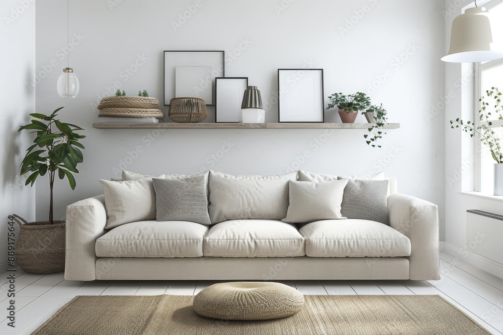 Living Room with Neutral Sofa and Minimalist Shelving: A minimalist living room mockup featuring a neutral sofa and simple shelves. Living Room with Neutral Sofa and Minimalist Shelving: A minimalist living room mockup featuring a neutral sofa and simple shelves.