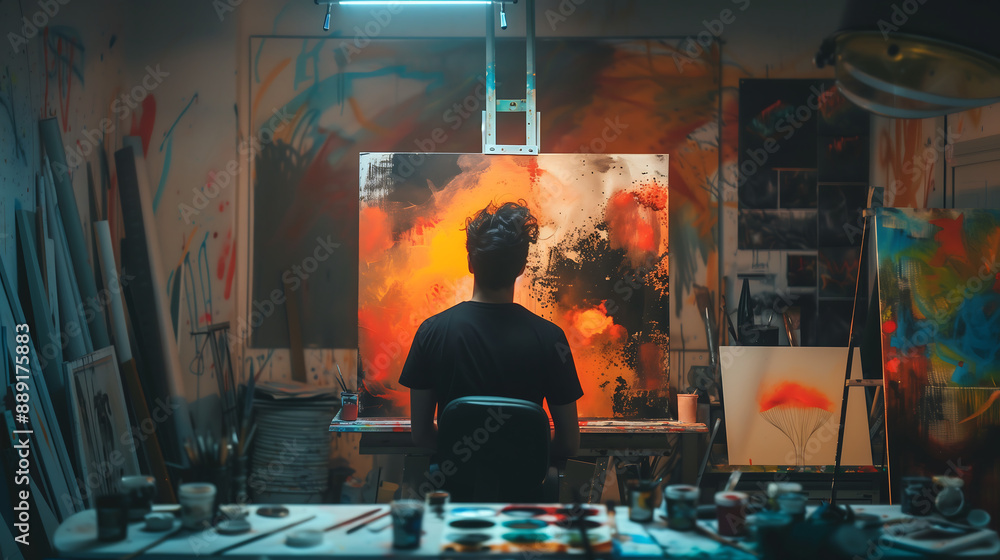 painter in his studio, surrounded by vibrant colors and brush strokes on the canvas, lost amidst an explosion of creativity painter in his studio, surrounded by vibrant colors and brush strokes on the canvas, lost amidst an explosion of creativity