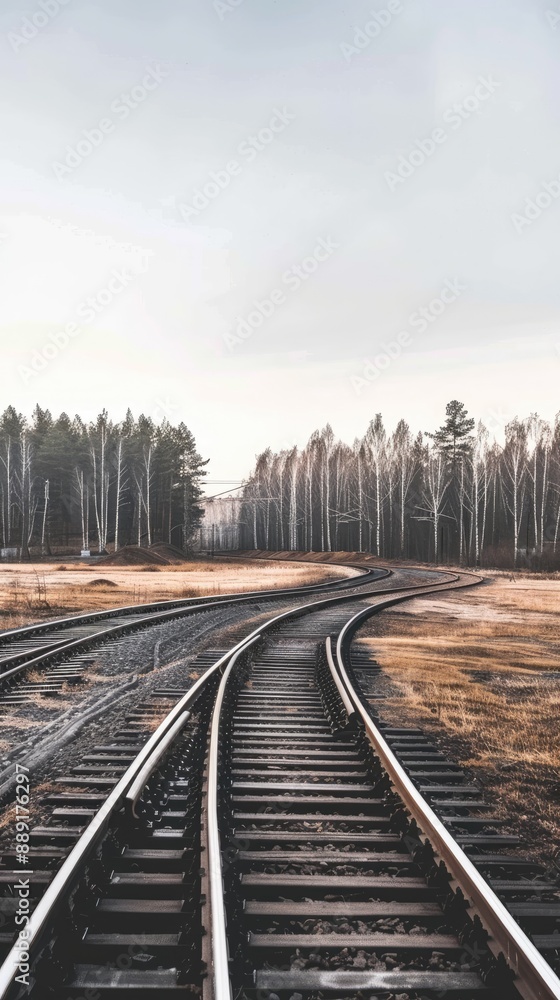 Obraz premium A view down the middle of train tracks as they split at a crossing. The tracks are surrounded by gravel and grass