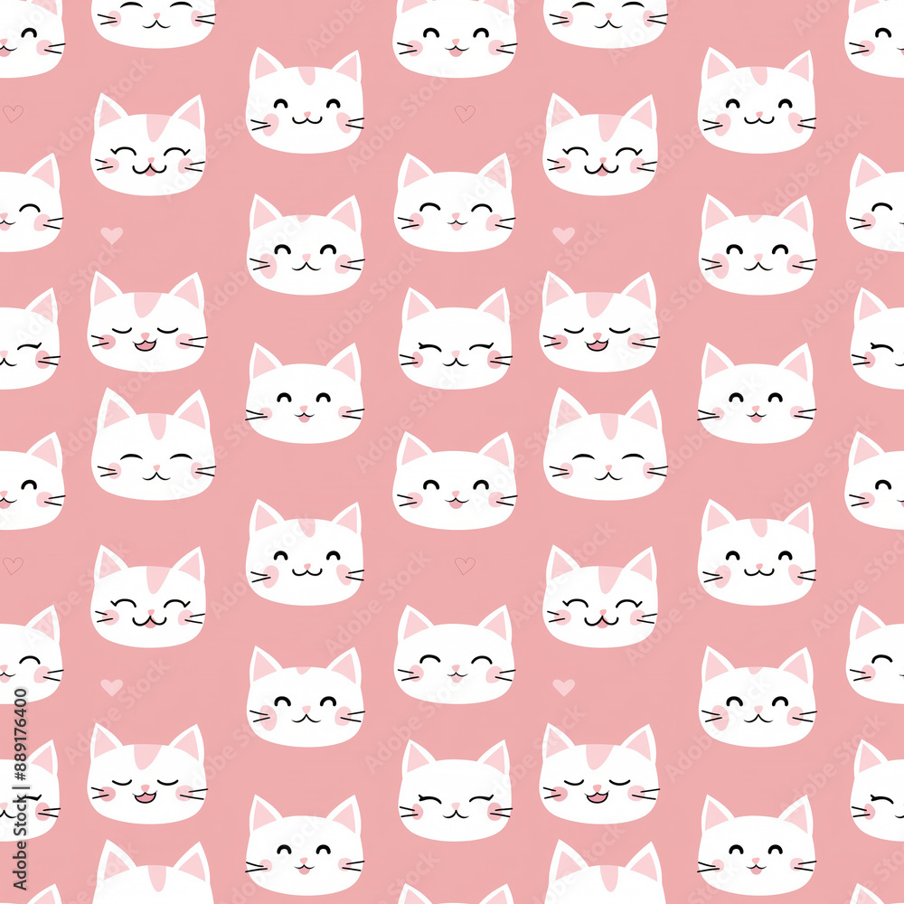 Obraz premium Cartoon seamless pattern with cute white cat faces on light pink background.