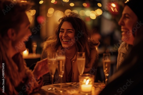 Friends laughing and enjoying a night out at an outdoor bar