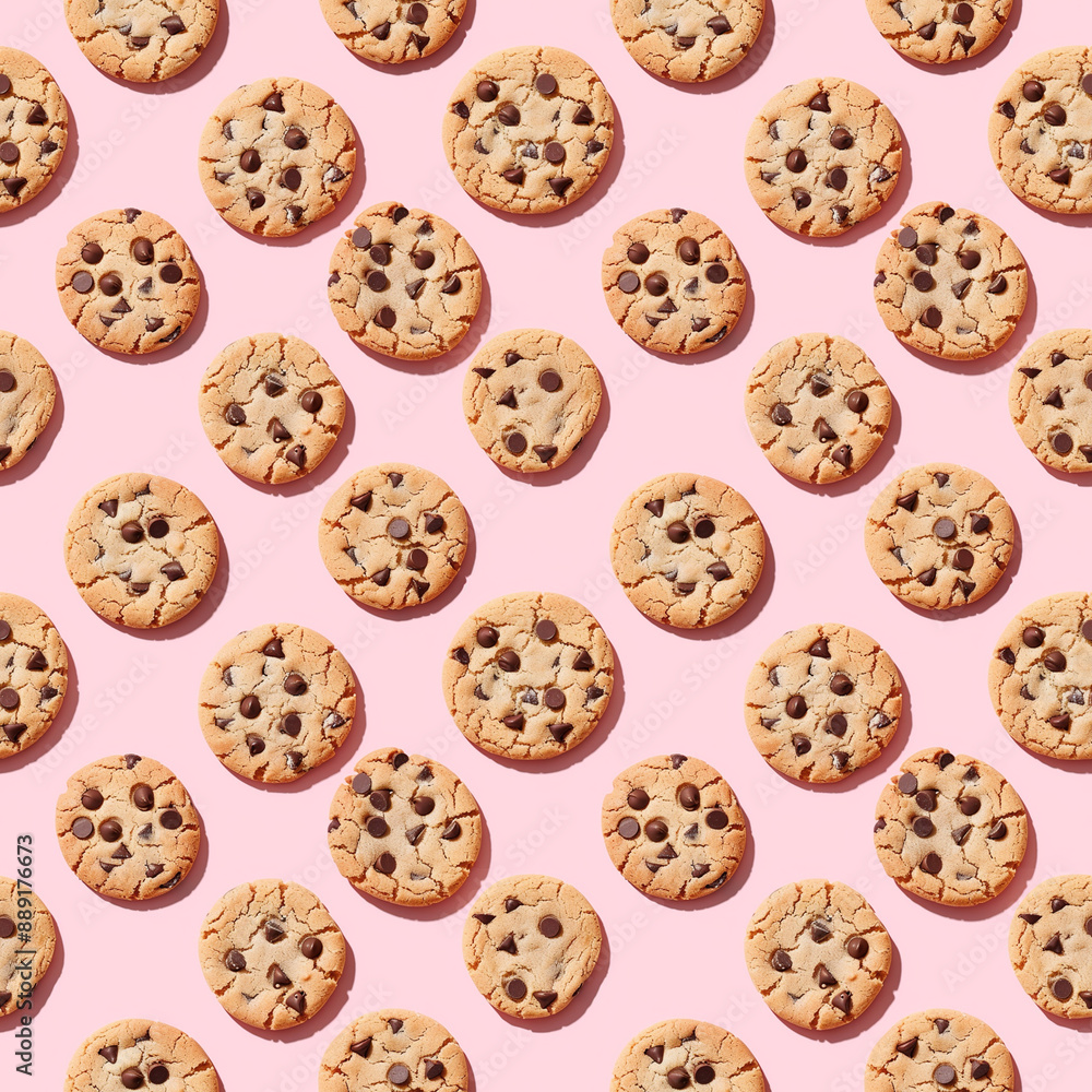 Seamless pattern with chocolate chip cookies on white background, top view, minimal flat lay style. Seamless pattern with chocolate chip cookies on white background, top view, minimal flat lay style.