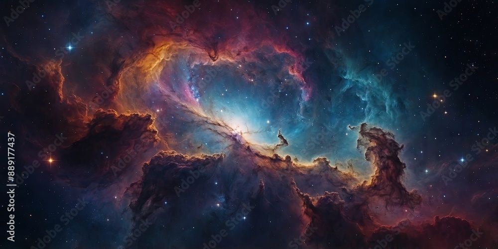Fototapeta premium Colorful space galaxy cloud nebula Stary night cosmos Universe science astronomy Supernova background wallpaper. AI generated.