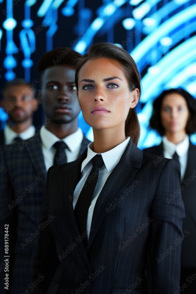 A confident business team stands in a high-tech conference room, dressed in formal business attire A confident business team stands in a high-tech conference room, dressed in formal business attire