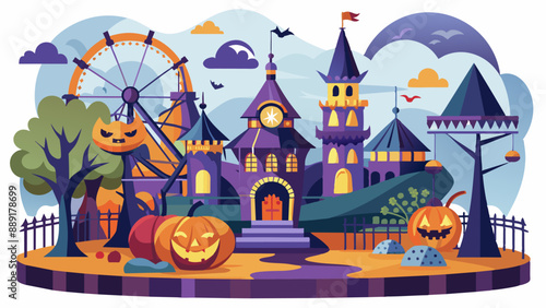 A cartoon of a haunted castle with pumpkins and a ferris wheel