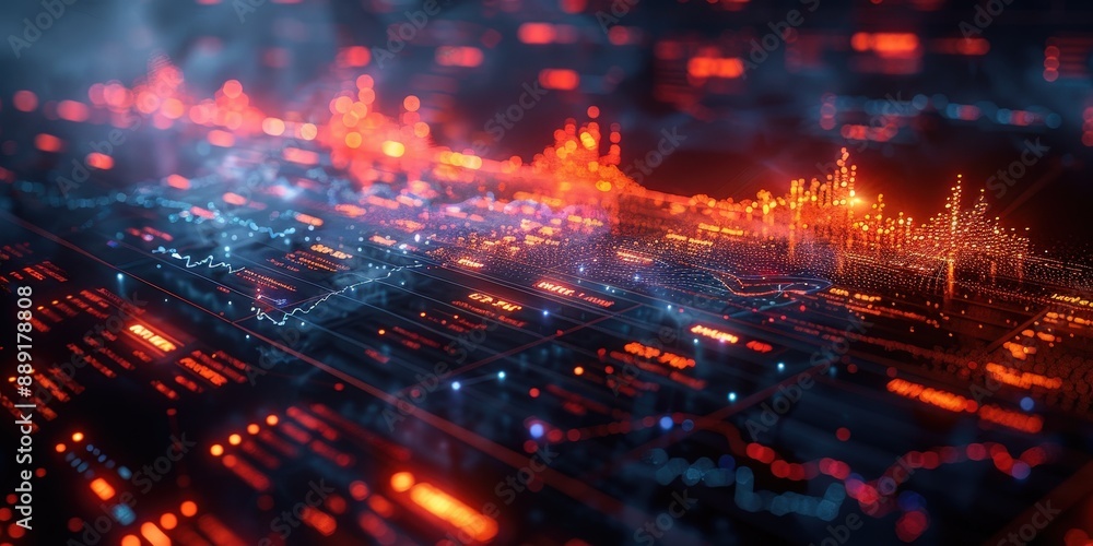 A futuristic visualization of financial data with glowing charts and graphs, representing digital economy and analytics.