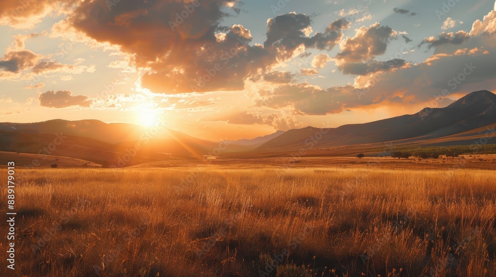 Serene sunset over golden meadow with distant hills. Serene sunset over golden meadow with distant hills.