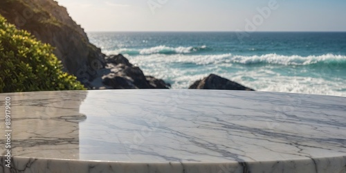 empty marble table with ocean view, product presentation. photo