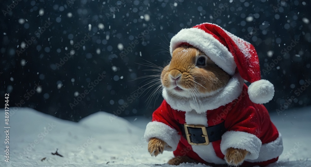Little tiny bunny dressed up as Santa Claus on snowing. Little tiny bunny dressed up as Santa Claus on snowing.