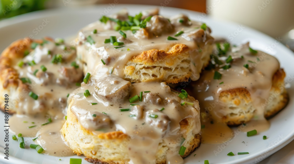 Homemade biscuits topped with sausage gravy and garnished with chopped chives on a white plate Homemade biscuits topped with sausage gravy and garnished with chopped chives on a white plate