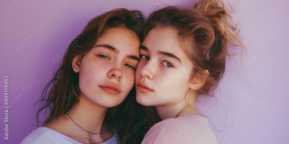 Two young girls with freckles posing for a picture, great for use in children's advertising or family photography Two young girls with freckles posing for a picture, great for use in children's advertising or family photography