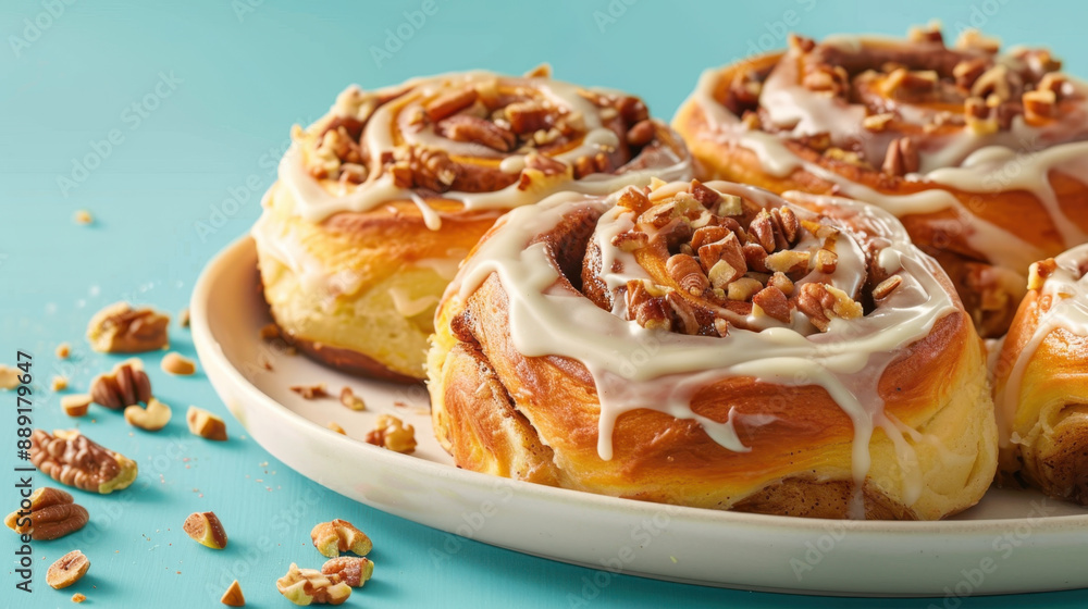 Close-up of cinnamon rolls with icing and pecans on a white plate, turquoise background Close-up of cinnamon rolls with icing and pecans on a white plate, turquoise background