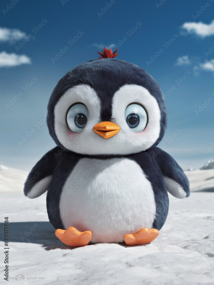 Fototapeta premium Cute Baby Penguin on Snowy Landscape, Ideal for Winter Themes, Holiday Cards, and children images