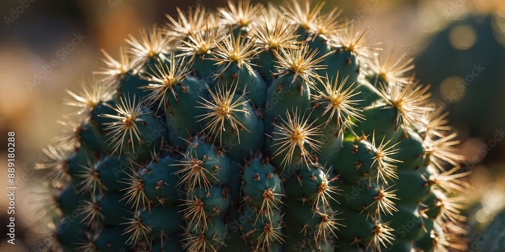 A close-up of a prickly cactus with its spines glistening in the sunlight. A close-up of a prickly cactus with its spines glistening in the sunlight.