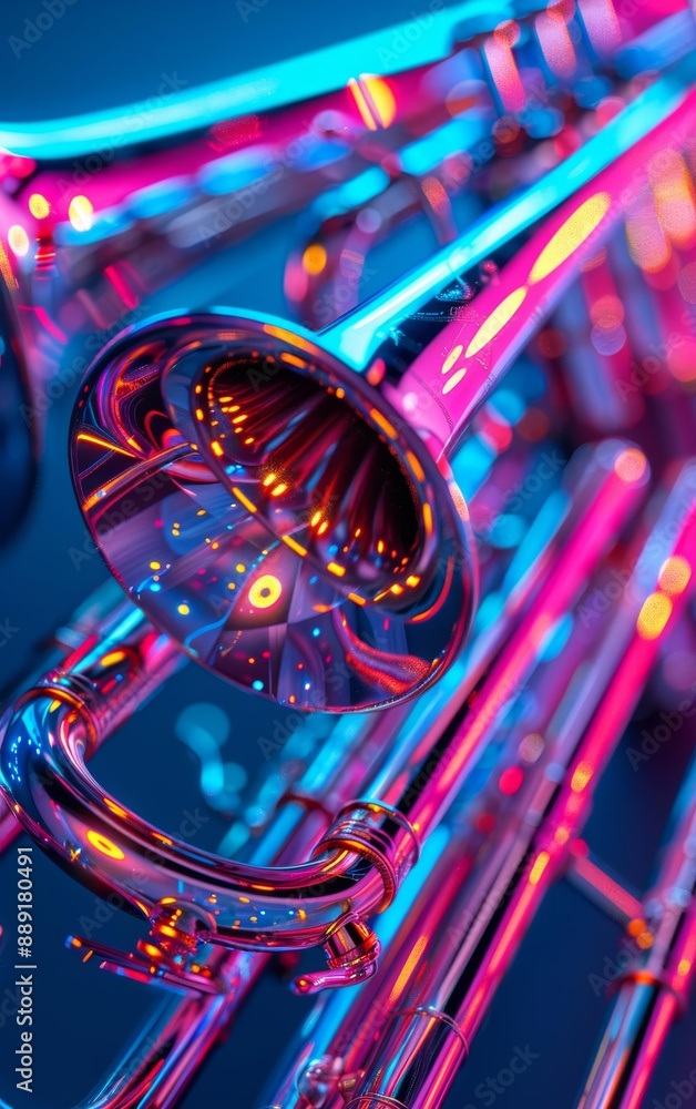 Fototapeta premium Bright 3D Neonlit Valve Trombone with Glowing Colors