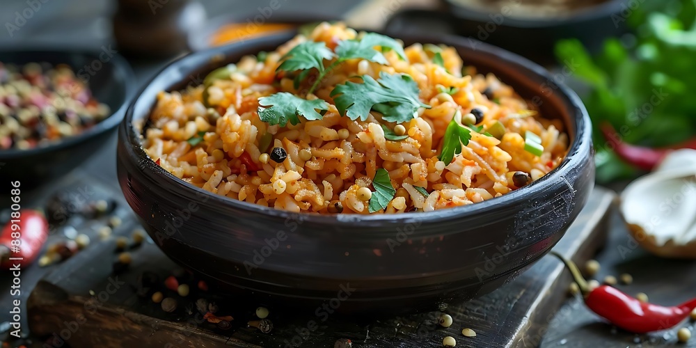 Close-Up of a Bowl of Spicy Rice with Parsley - Realistic Image Close-Up of a Bowl of Spicy Rice with Parsley - Realistic Image