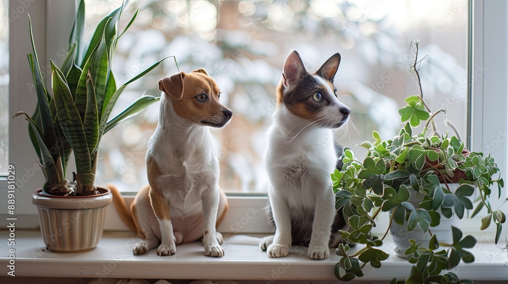 Obraz premium A dog and cat sit by a window. The pets are looking out the window, making for a cute image.