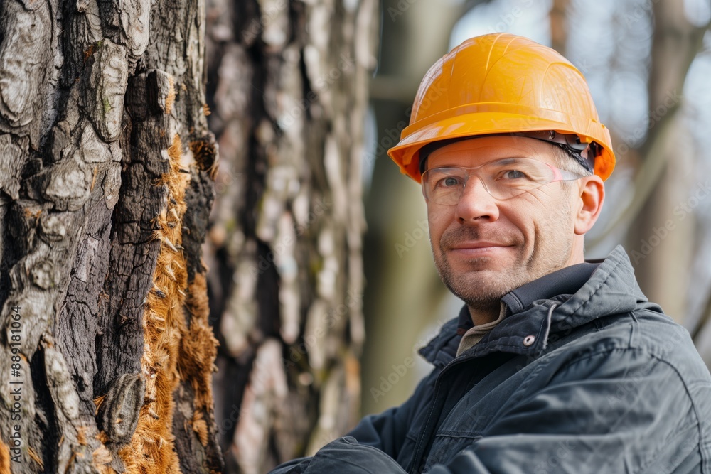 man with hard hat standing in front of a tree inspect man with hard hat standing in front of a tree inspect