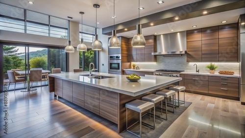 Modern, sleek, sprawling kitchen with sprawling countertops, chic cabinetry, pendant lighting, and stainless steel appliances in a minimalist setting.