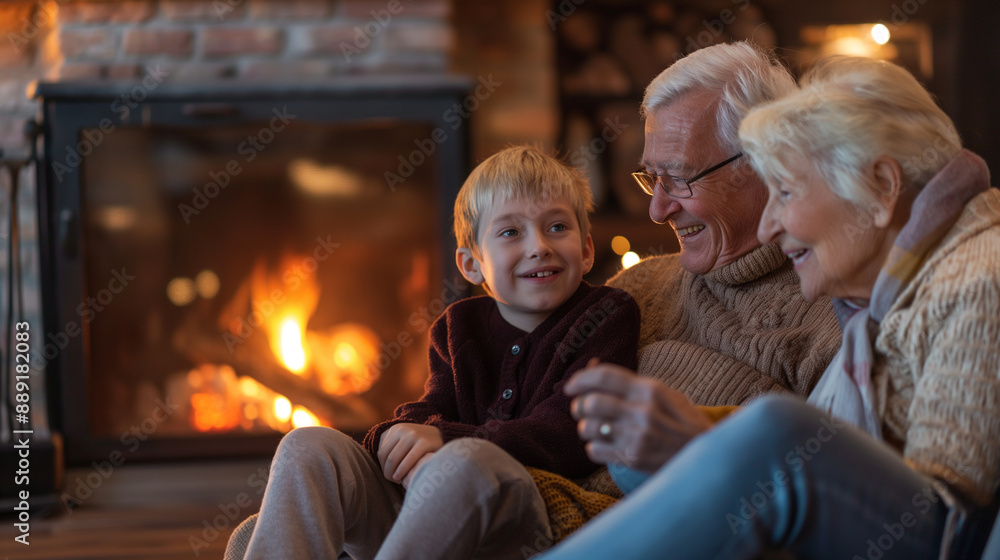 Grandparents sharing stories with grandchildren around a cozy fireplace, warm and intimate, right third copy space Grandparents sharing stories with grandchildren around a cozy fireplace, warm and intimate, right third copy space