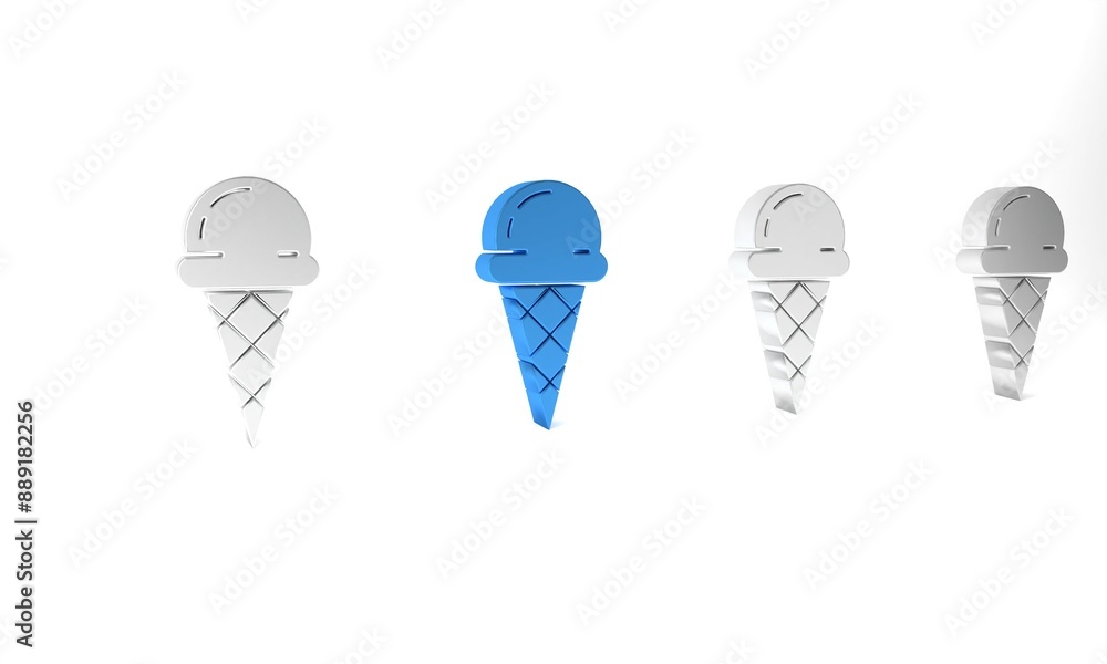 Blue Ice cream in waffle cone icon isolated on white background. Sweet symbol. Minimalism concept. 3D render illustration
