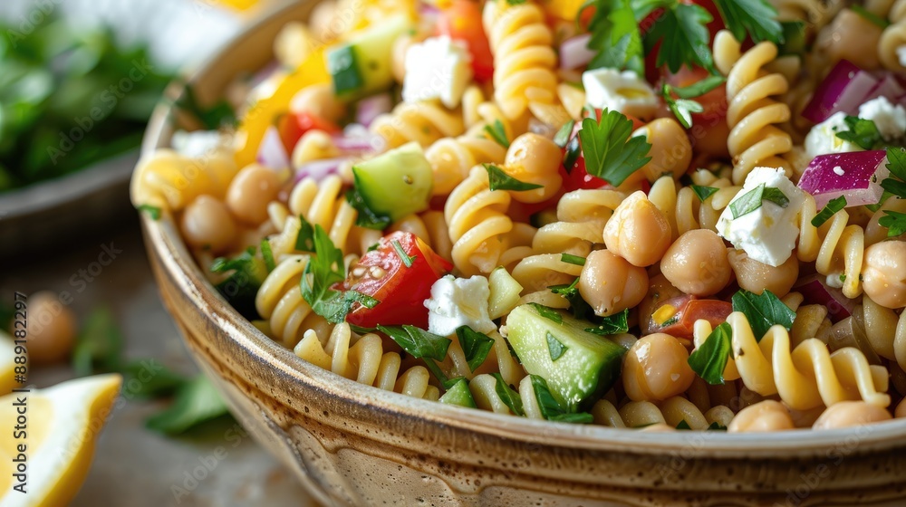A bowl of pasta salad with chickpeas. This photo is perfect for a blog post or advertisement about healthy and delicious summer meals. A bowl of pasta salad with chickpeas. This photo is perfect for a blog post or advertisement about healthy and delicious summer meals.