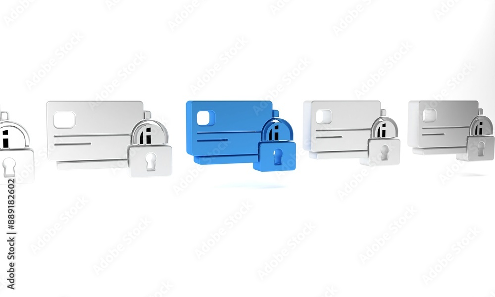 Blue Credit card with lock icon isolated on white background. Locked bank card. Security, safety, protection concept. Concept of a safe payment. Minimalism concept. 3D render illustration Blue Credit card with lock icon isolated on white background. Locked bank card. Security, safety, protection concept. Concept of a safe payment. Minimalism concept. 3D render illustration