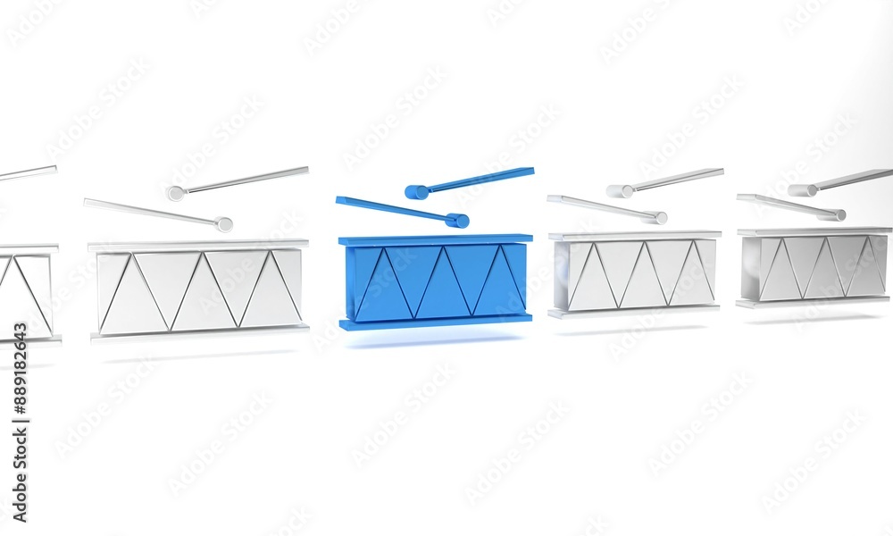 Blue Musical instrument drum and drum sticks icon isolated on white background. Minimalism concept. 3D render illustration Blue Musical instrument drum and drum sticks icon isolated on white background. Minimalism concept. 3D render illustration